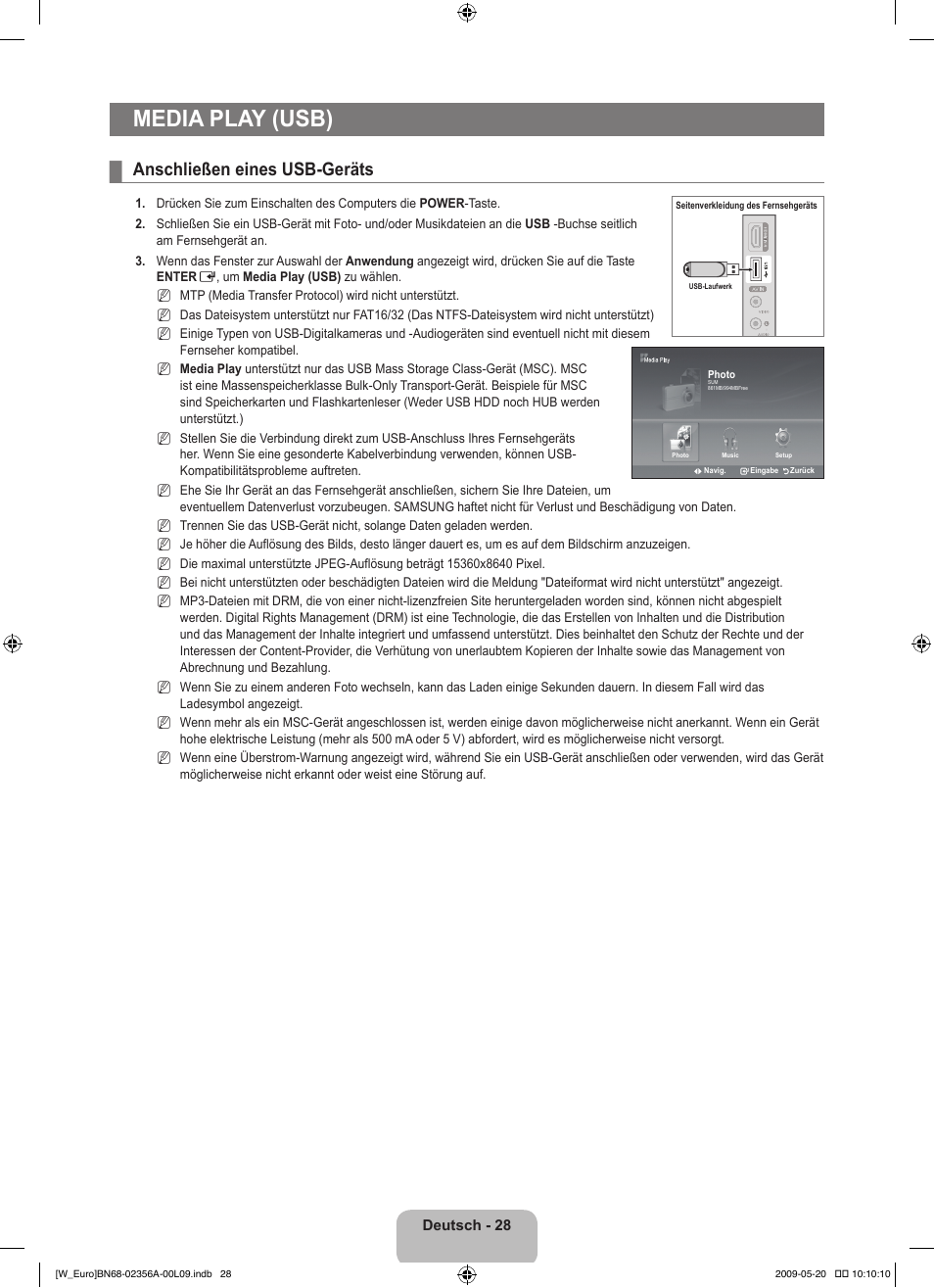 Media play (usb), Anschließen eines usb-geräts | Samsung LE46B620R3W User Manual | Page 122 / 422