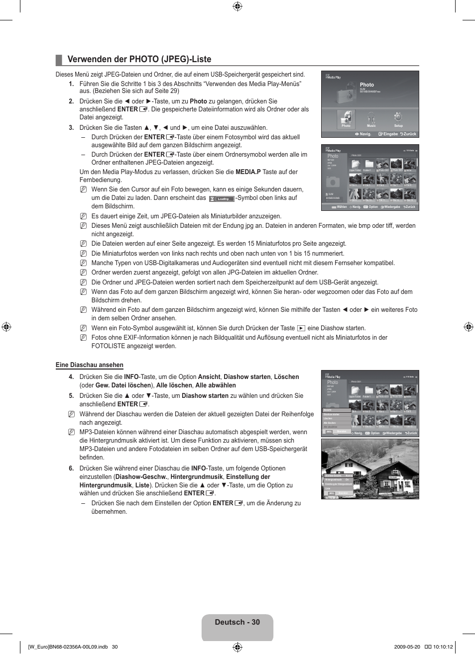 Verwenden der photo (jpeg)-liste, Deutsch - 30 | Samsung LE46B620R3W User Manual | Page 124 / 422