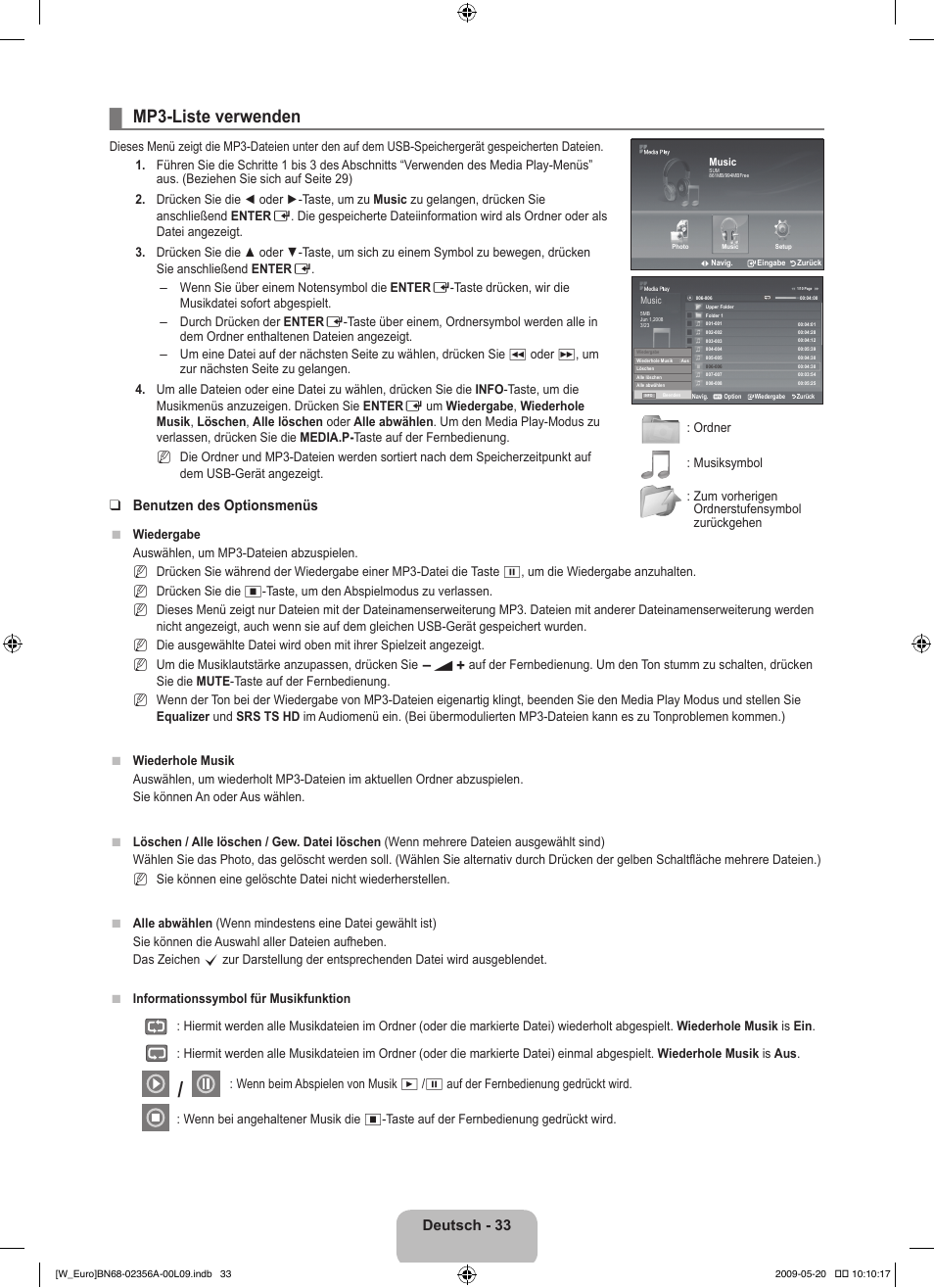 Mp3-liste verwenden, Deutsch - 33, Benutzen des optionsmenüs | Samsung LE46B620R3W User Manual | Page 127 / 422