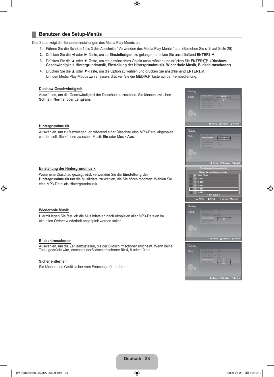 Benutzen des setup-menüs, Deutsch - 34 | Samsung LE46B620R3W User Manual | Page 128 / 422