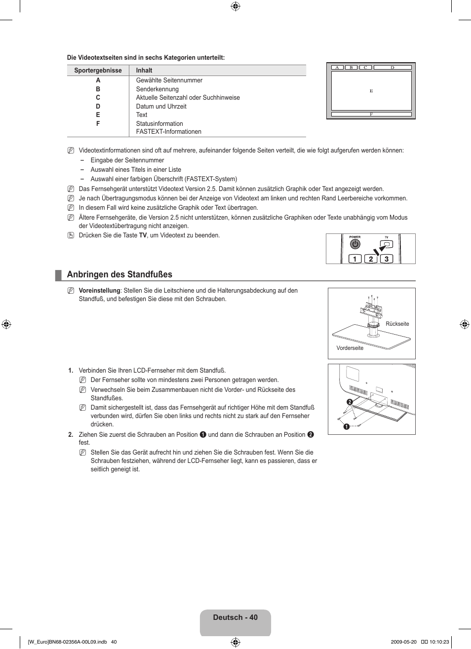 Anbringen des standfußes | Samsung LE46B620R3W User Manual | Page 134 / 422
