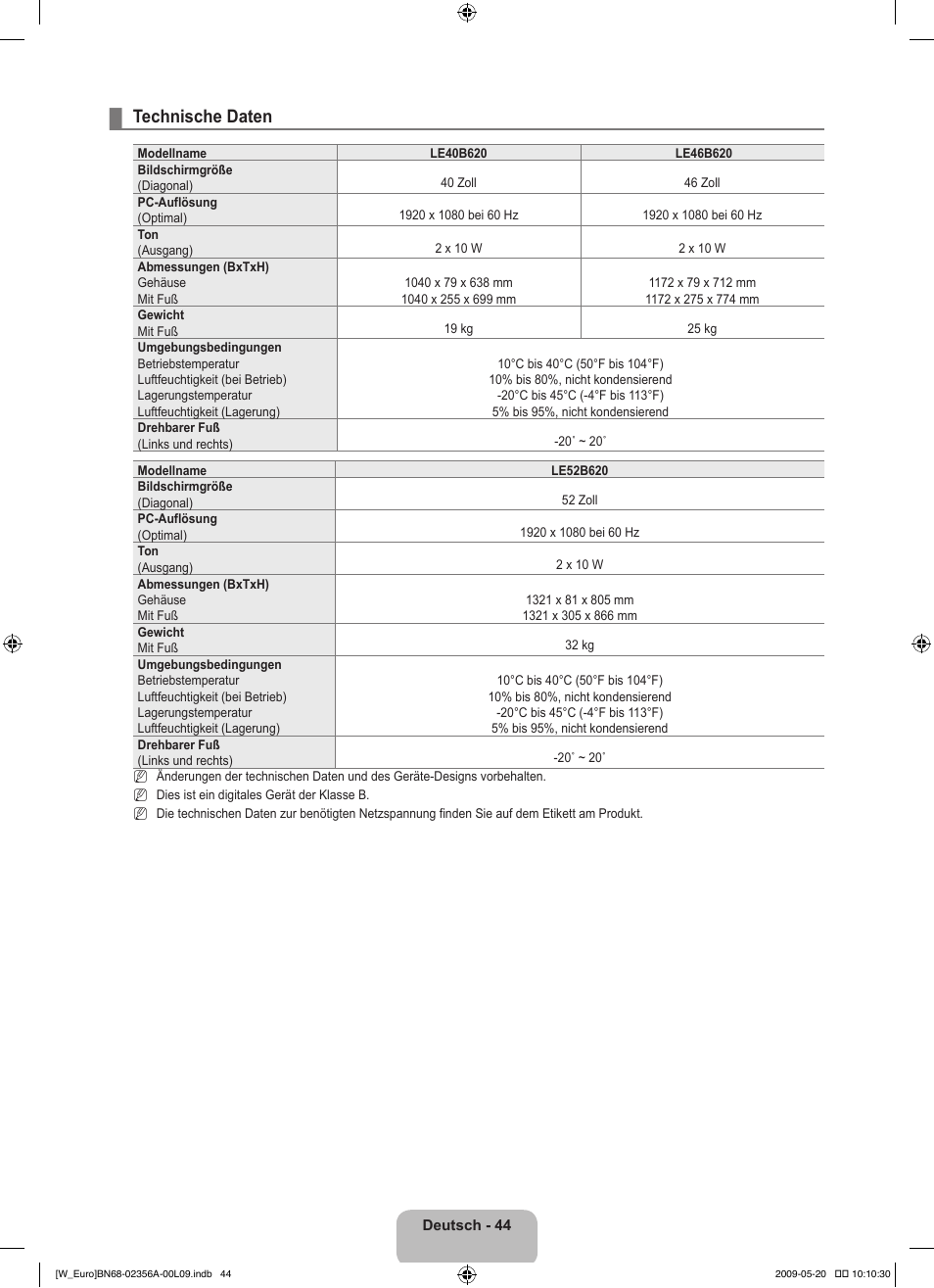Technische daten | Samsung LE46B620R3W User Manual | Page 138 / 422