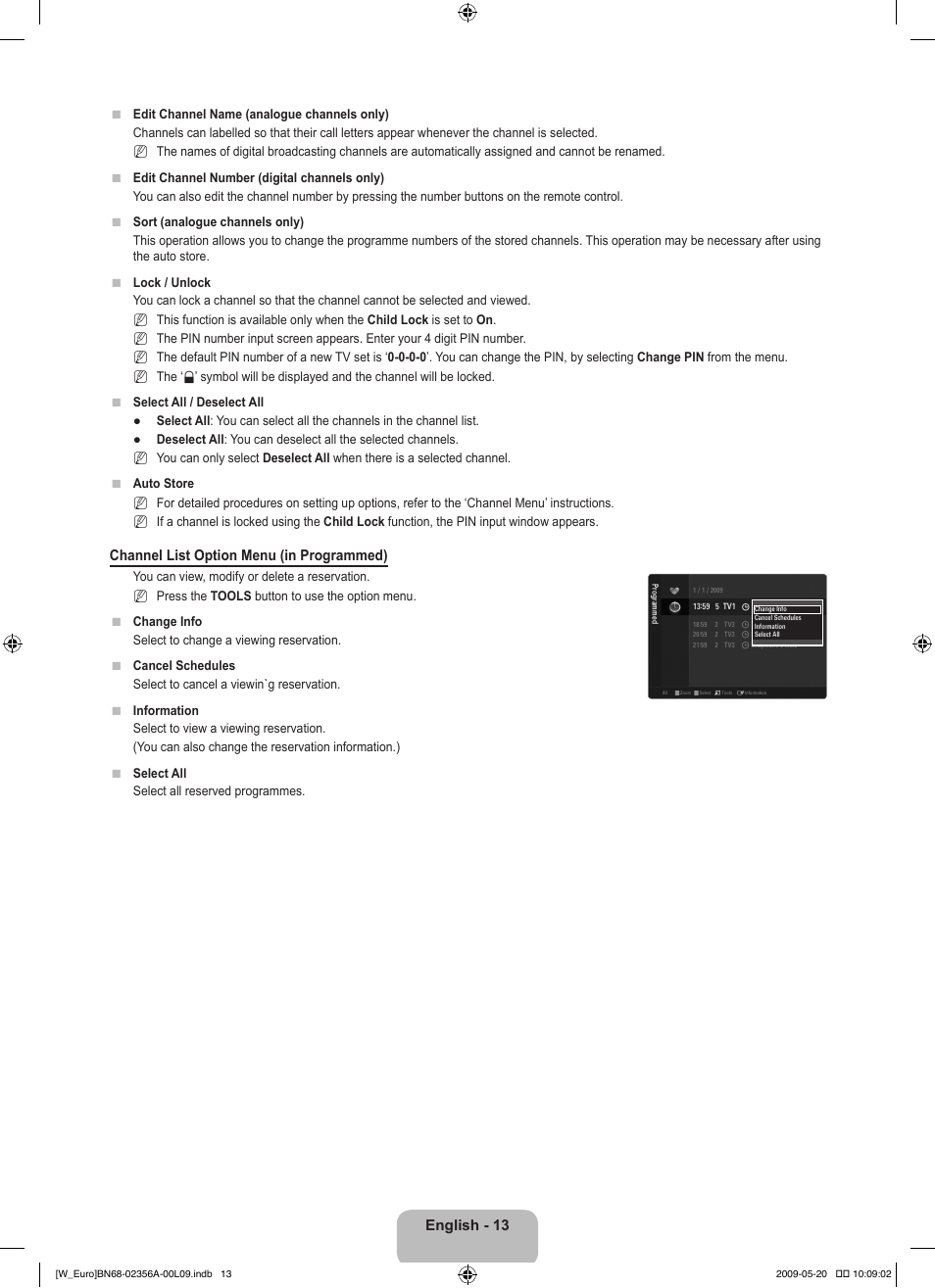 English - 13, Channel list option menu (in programmed) | Samsung LE46B620R3W User Manual | Page 15 / 422