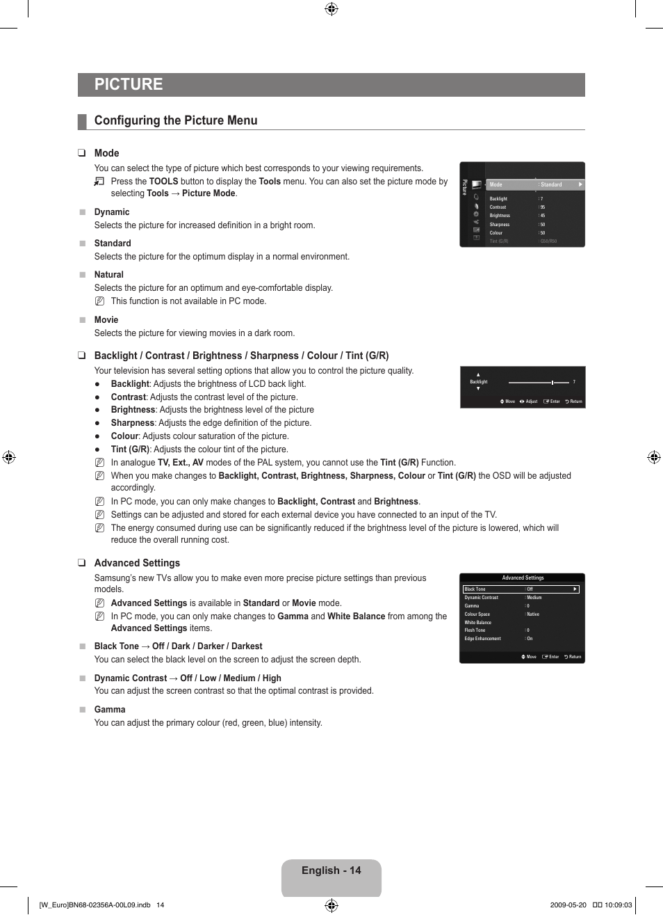 Picture, Configuring the picture menu, English - 14 | Mode, Advanced settings | Samsung LE46B620R3W User Manual | Page 16 / 422