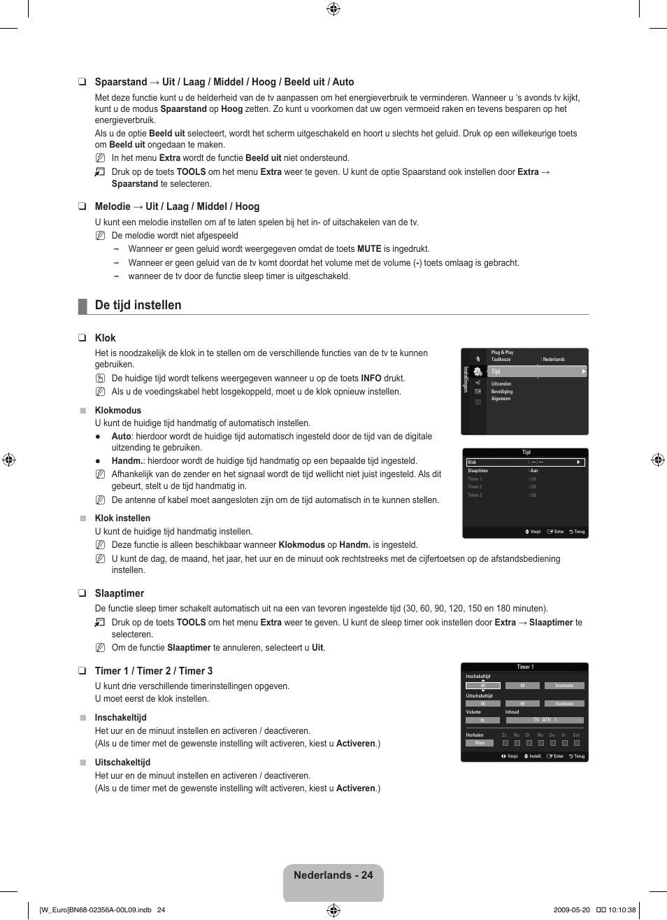 De tijd instellen, Melodie → uit / laag / middel / hoog, Klok | Slaaptimer, Timer 1 / timer 2 / timer 3 | Samsung LE46B620R3W User Manual | Page 164 / 422
