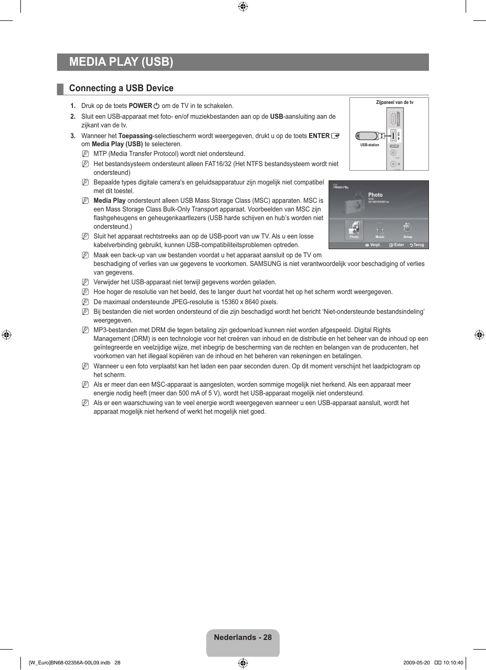 Media play (usb), Connecting a usb device | Samsung LE46B620R3W User Manual | Page 168 / 422