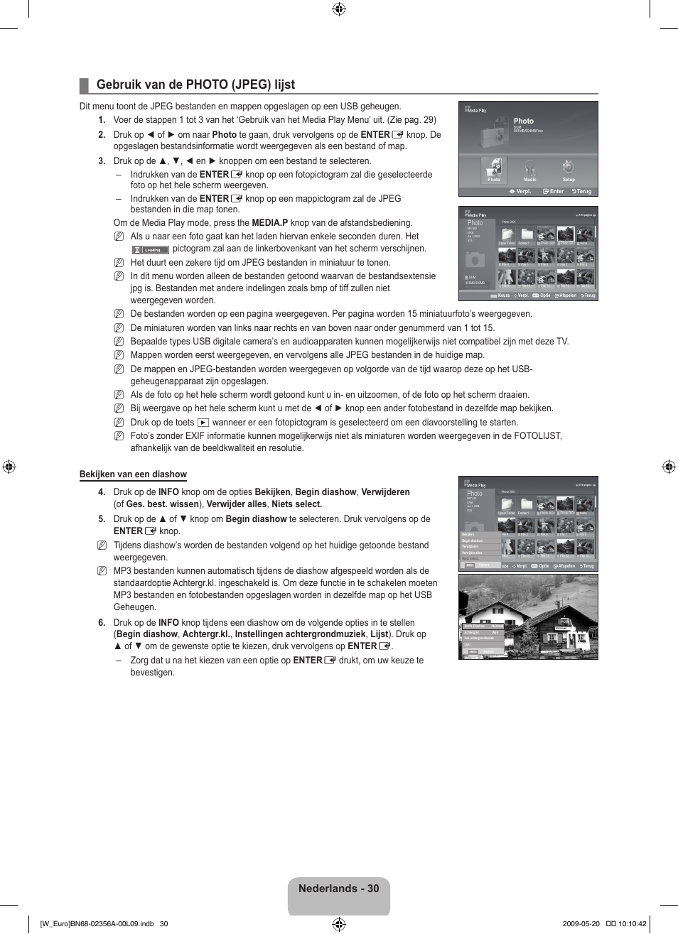 Gebruik van de photo (jpeg) lijst, Nederlands - 30 | Samsung LE46B620R3W User Manual | Page 170 / 422
