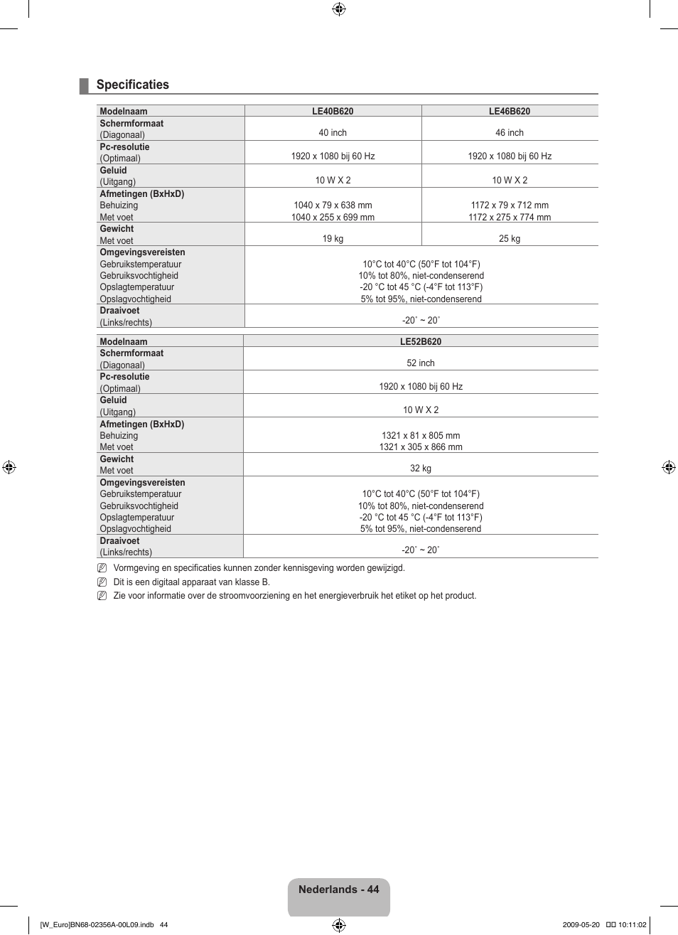 Specificaties | Samsung LE46B620R3W User Manual | Page 184 / 422