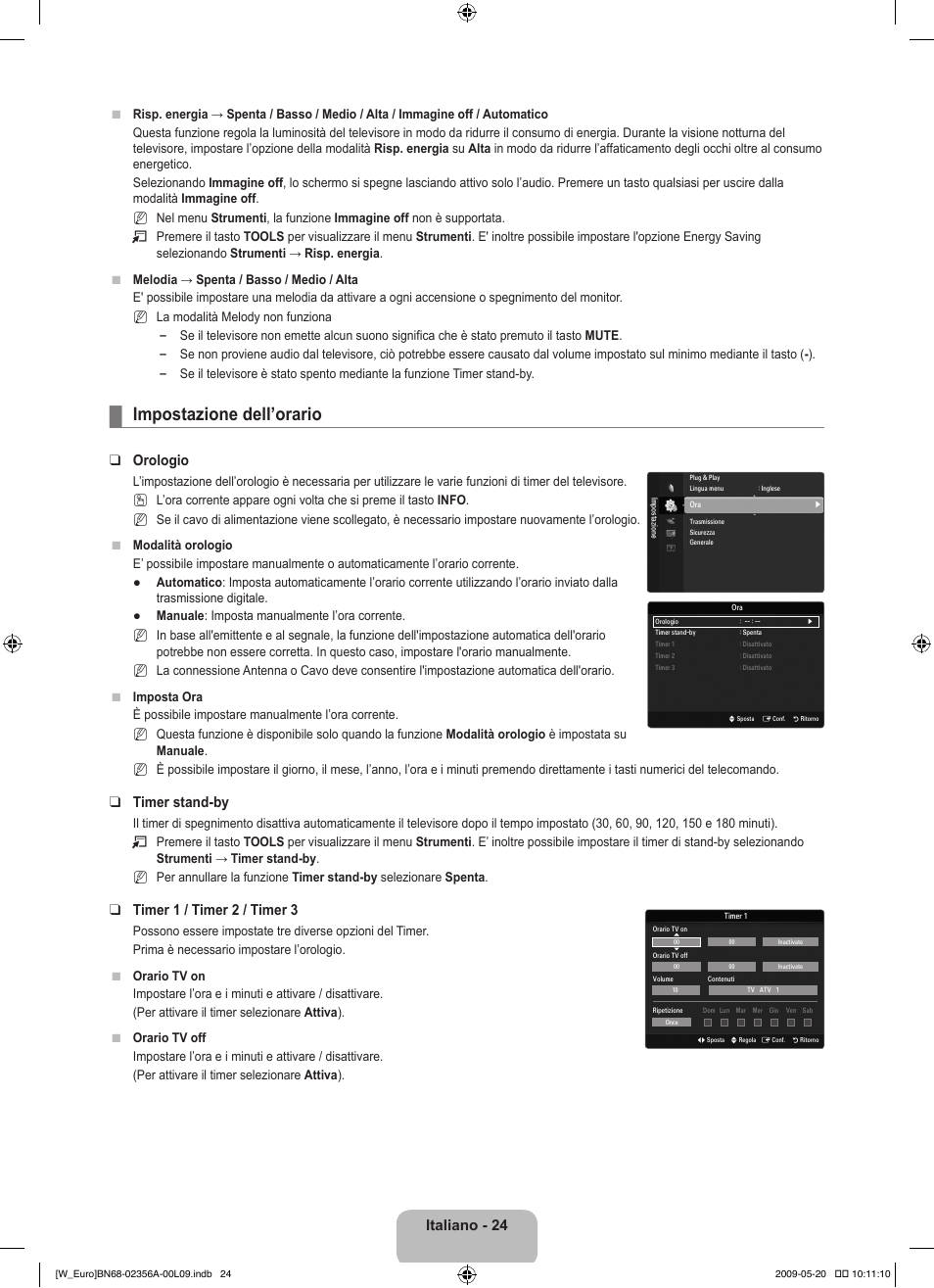 Impostazione dell’orario, Italiano - 24, Orologio | Timer stand-by, Timer 1 / timer 2 / timer 3 | Samsung LE46B620R3W User Manual | Page 210 / 422