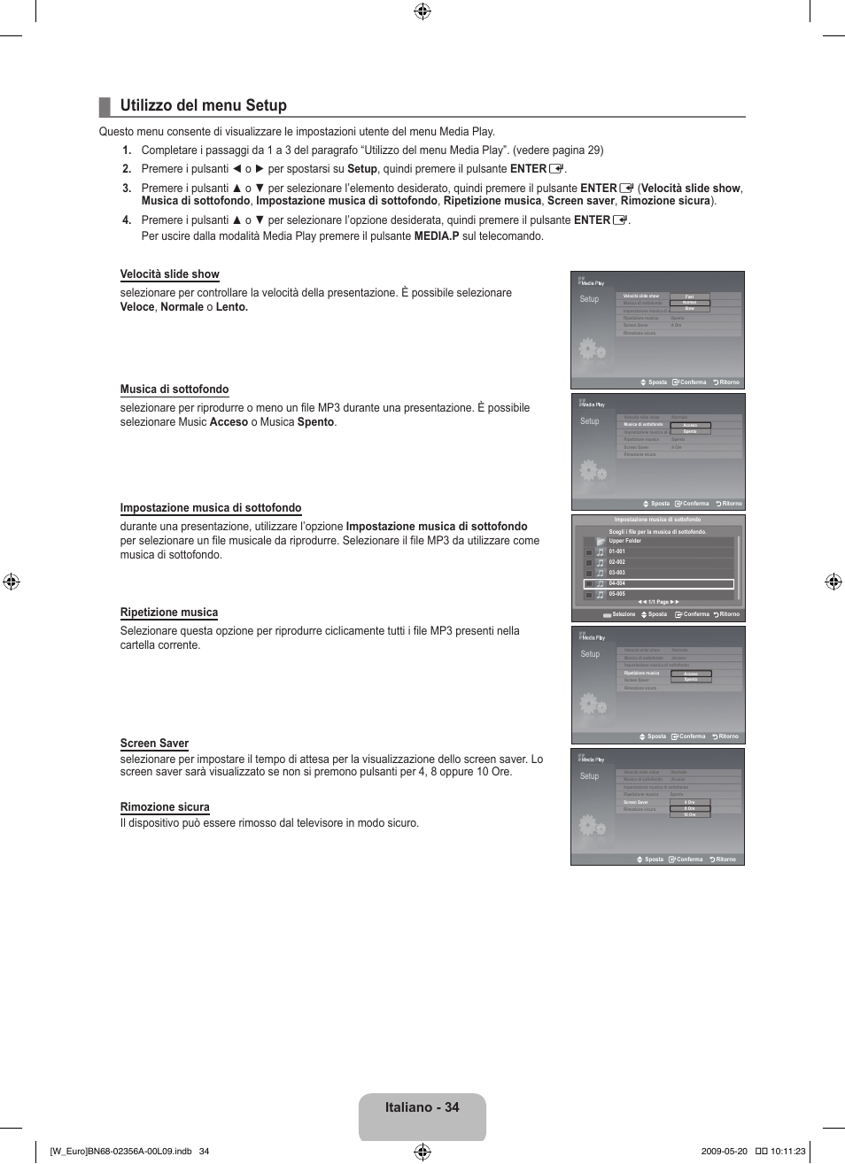 Utilizzo del menu setup, Italiano - 34 | Samsung LE46B620R3W User Manual | Page 220 / 422