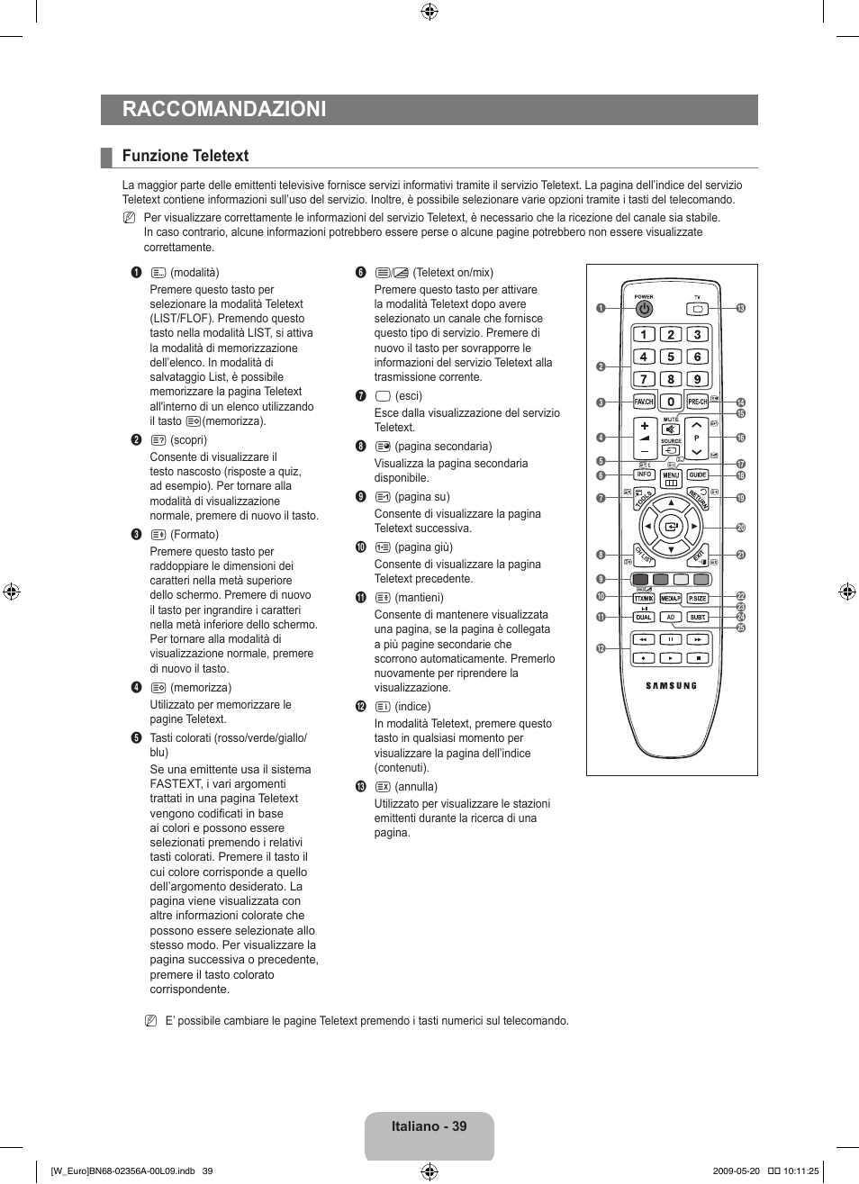Raccomandazioni, Funzione teletext | Samsung LE46B620R3W User Manual | Page 225 / 422
