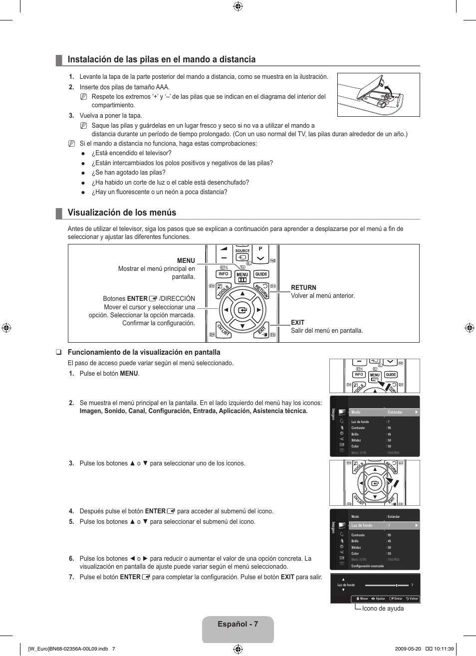 Operation, Instalación de las pilas en el mando a distancia, Visualización de los menús | Español, Funcionamiento de la visualización en pantalla | Samsung LE46B620R3W User Manual | Page 239 / 422