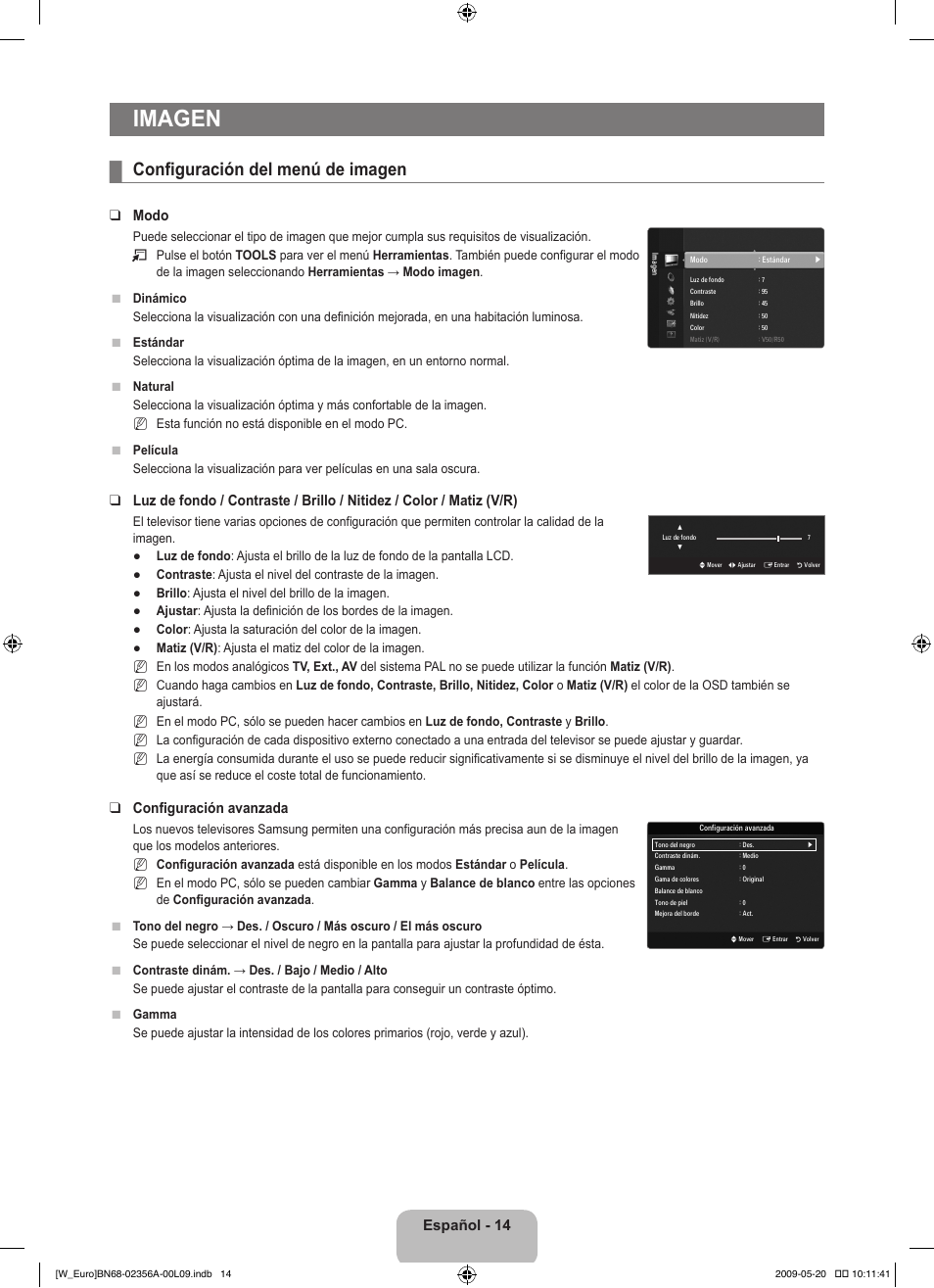 Imagen, Configuración del menú de imagen, Español - 14 | Modo, Configuración avanzada | Samsung LE46B620R3W User Manual | Page 246 / 422
