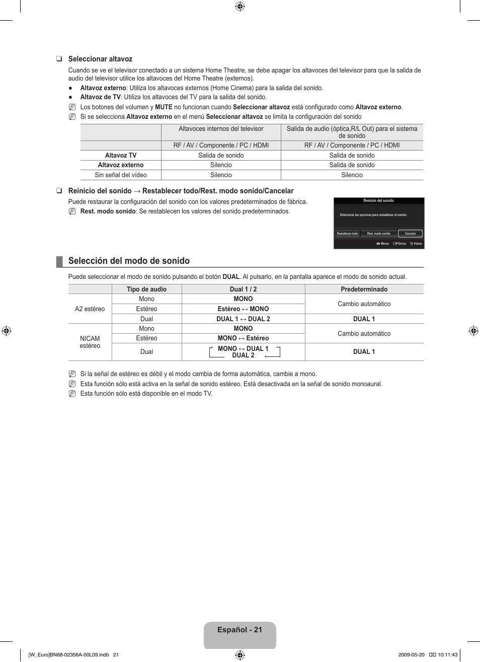 Selección del modo de sonido | Samsung LE46B620R3W User Manual | Page 253 / 422