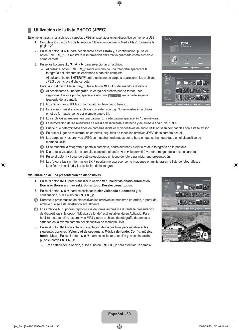 Utilización de la lista photo (jpeg), Español - 30 | Samsung LE46B620R3W User Manual | Page 262 / 422