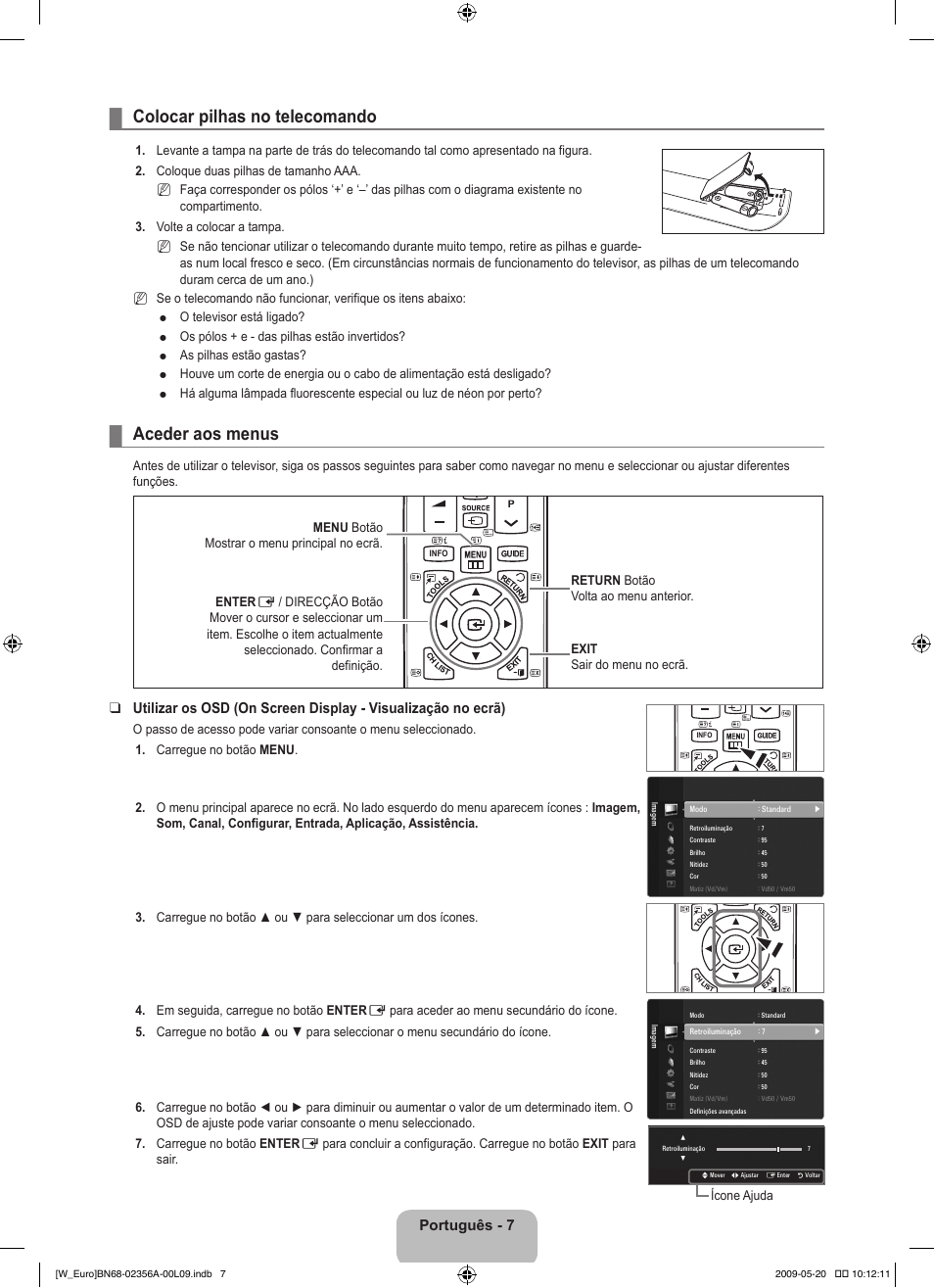 Operation, Colocar pilhas no telecomando, Aceder aos menus | Português | Samsung LE46B620R3W User Manual | Page 285 / 422