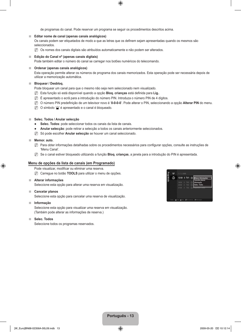 Português - 13, Menu de opções da lista de canais (em programado) | Samsung LE46B620R3W User Manual | Page 291 / 422