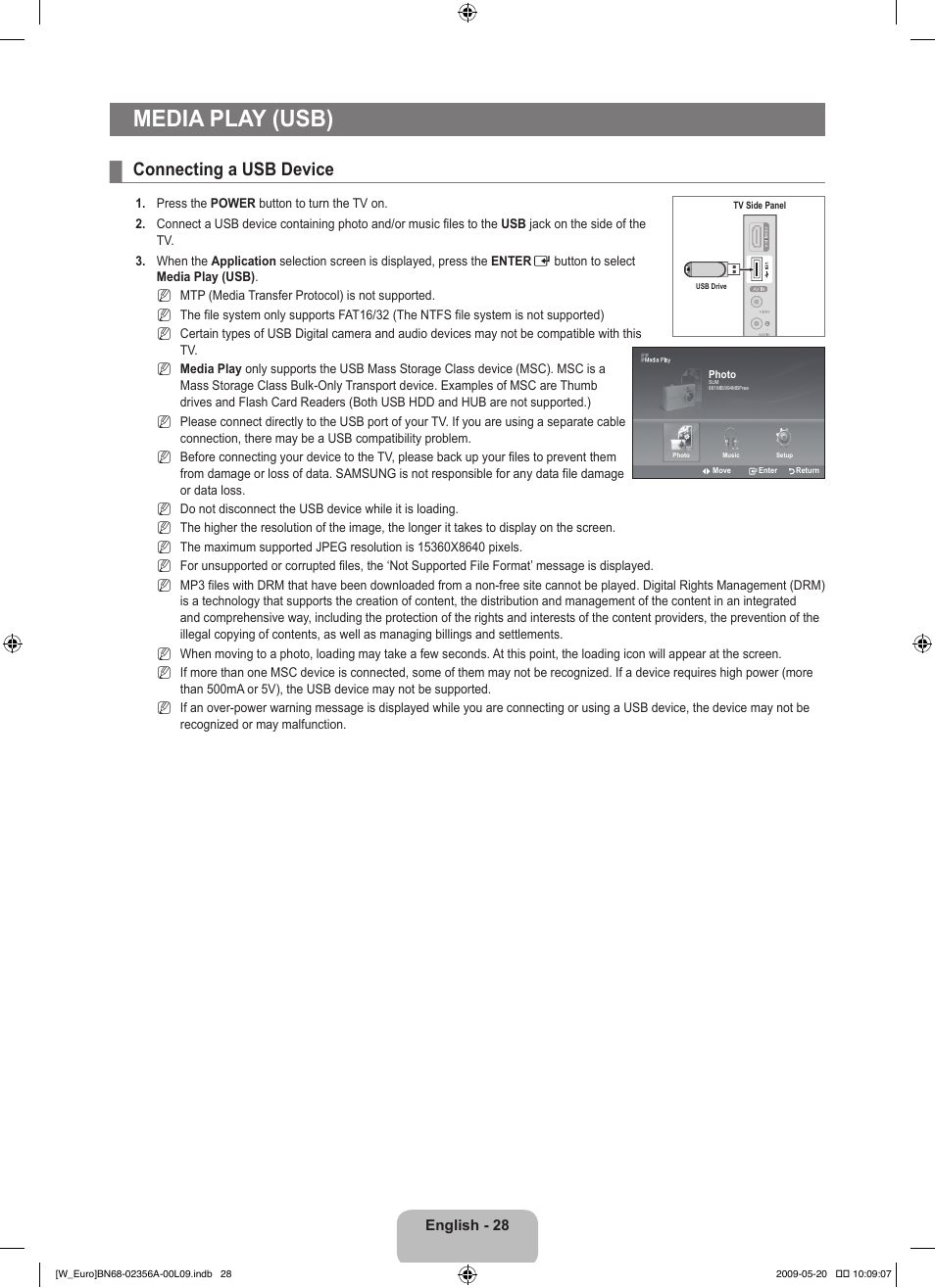 Media play (usb), Connecting a usb device | Samsung LE46B620R3W User Manual | Page 30 / 422