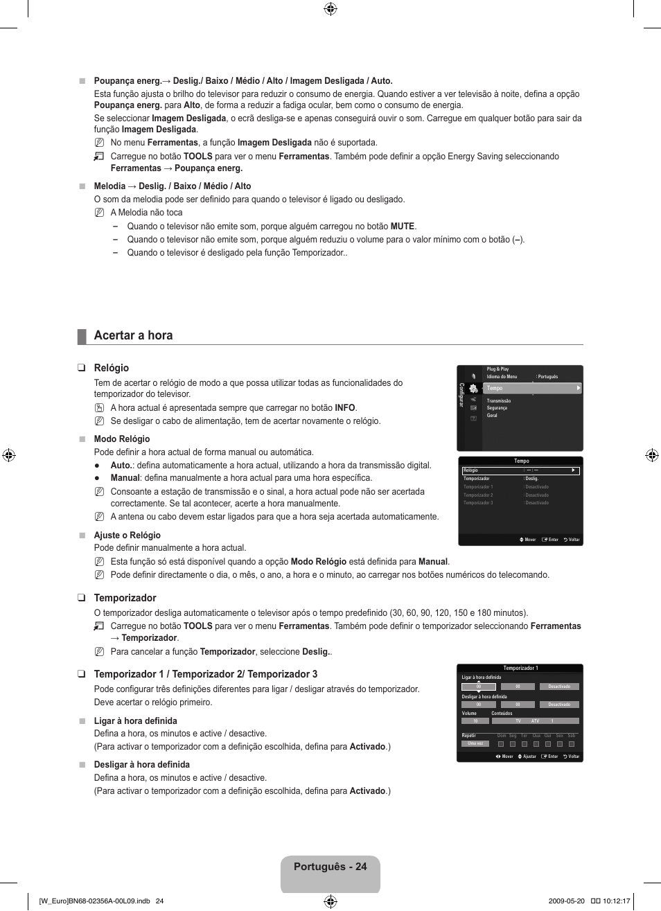 Acertar a hora, Português - 24, Relógio | Temporizador, Temporizador 1 / temporizador 2/ temporizador 3 | Samsung LE46B620R3W User Manual | Page 302 / 422