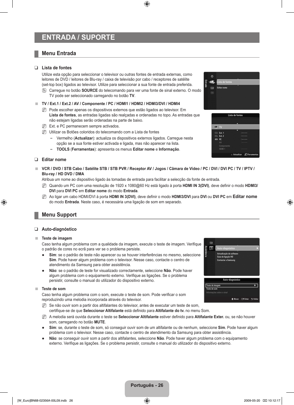 Entrada / suporte, Menu entrada, Menu support | Samsung LE46B620R3W User Manual | Page 304 / 422