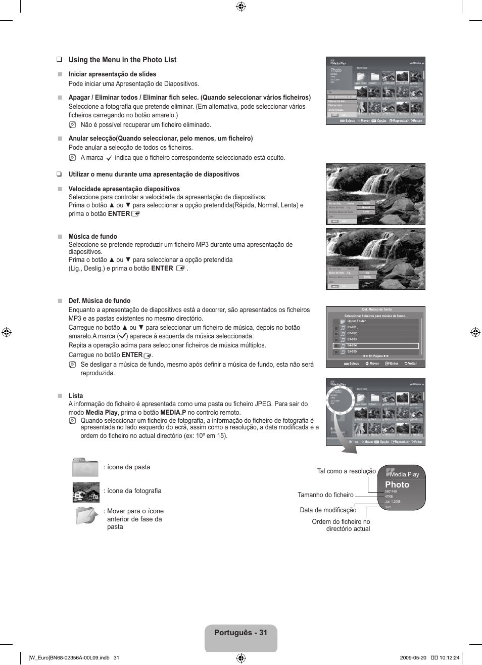 Photo, Português - 31 using the menu in the photo list | Samsung LE46B620R3W User Manual | Page 309 / 422