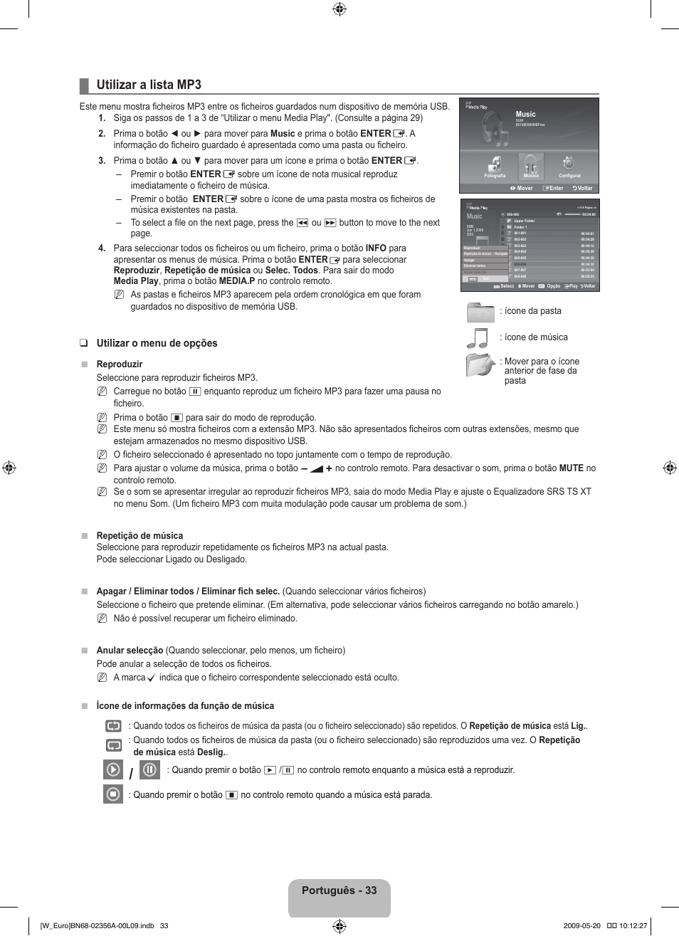 Utilizar a lista mp3, Português - 33, Utilizar o menu de opções | Samsung LE46B620R3W User Manual | Page 311 / 422