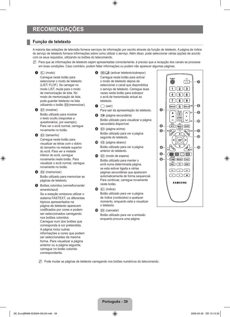 Recomendações, Função de teletexto | Samsung LE46B620R3W User Manual | Page 317 / 422