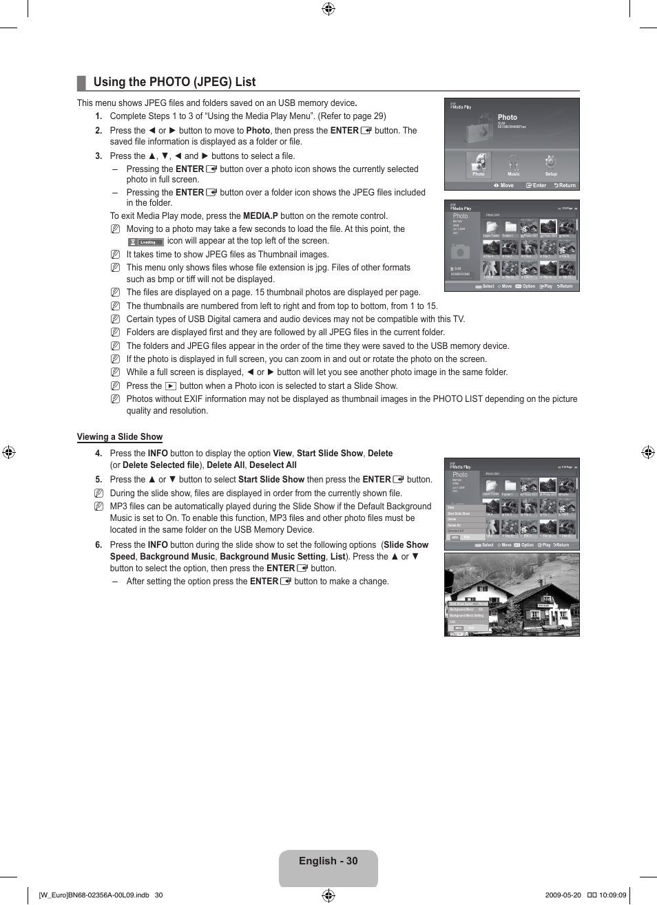 Using the photo (jpeg) list, English - 30 | Samsung LE46B620R3W User Manual | Page 32 / 422