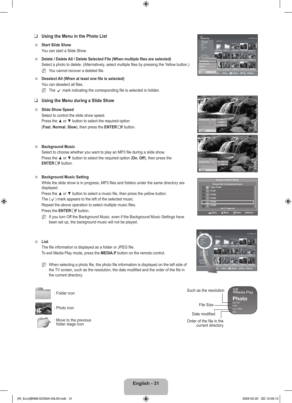 Photo, English - 31 using the menu in the photo list, Using the menu during a slide show | Samsung LE46B620R3W User Manual | Page 33 / 422