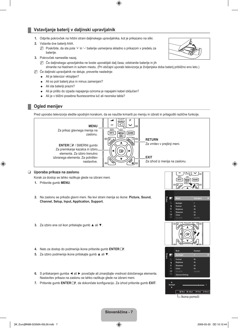 Operation, Vstavljanje baterij v daljinski upravljalnik, Ogled menijev | Slovenščina, Uporaba prikaza na zaslonu | Samsung LE46B620R3W User Manual | Page 331 / 422