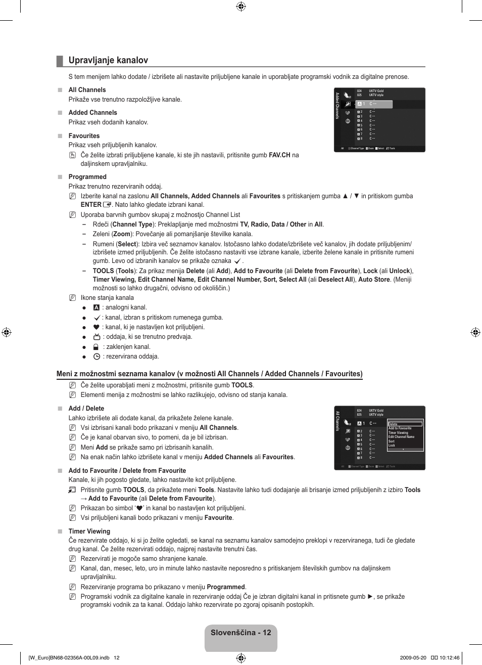 Upravljanje kanalov, Slovenščina - 12 | Samsung LE46B620R3W User Manual | Page 336 / 422