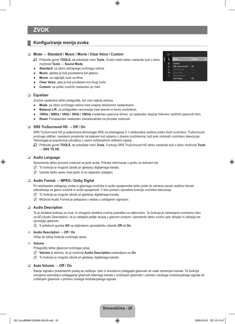 Zvok, Konfiguriranje menija zvoka | Samsung LE46B620R3W User Manual | Page 344 / 422