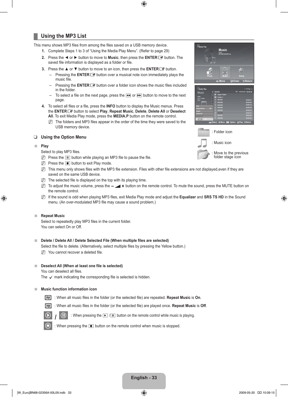 Using the mp3 list, English - 33, Using the option menu | Samsung LE46B620R3W User Manual | Page 35 / 422