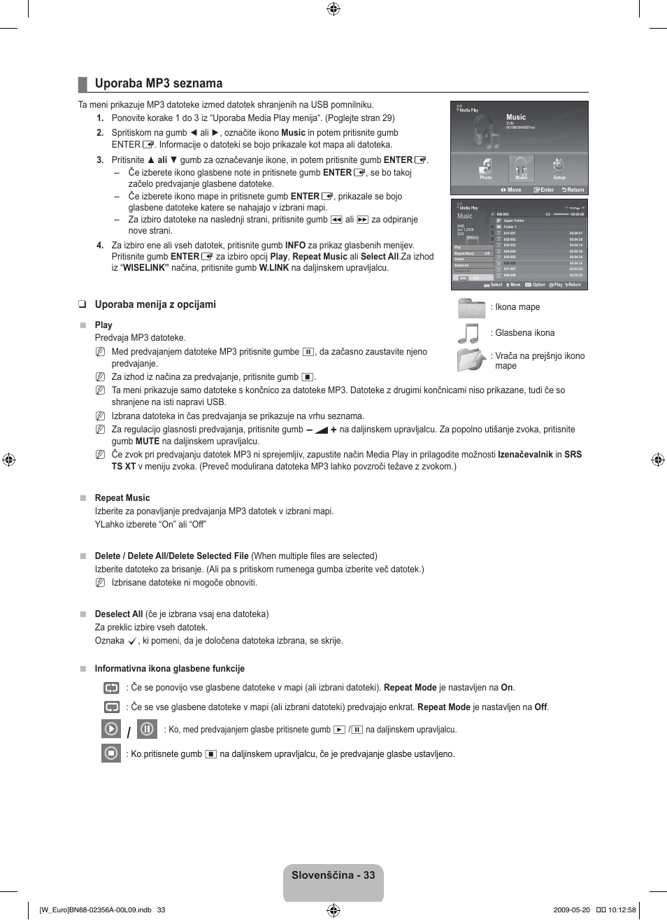 Uporaba mp3 seznama, Slovenščina - 33, Uporaba menija z opcijami | Samsung LE46B620R3W User Manual | Page 357 / 422