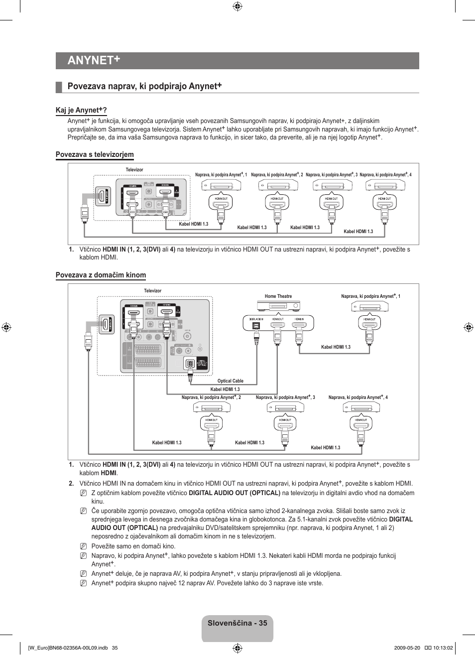 Anynet, Povezava naprav, ki podpirajo anynet | Samsung LE46B620R3W User Manual | Page 359 / 422