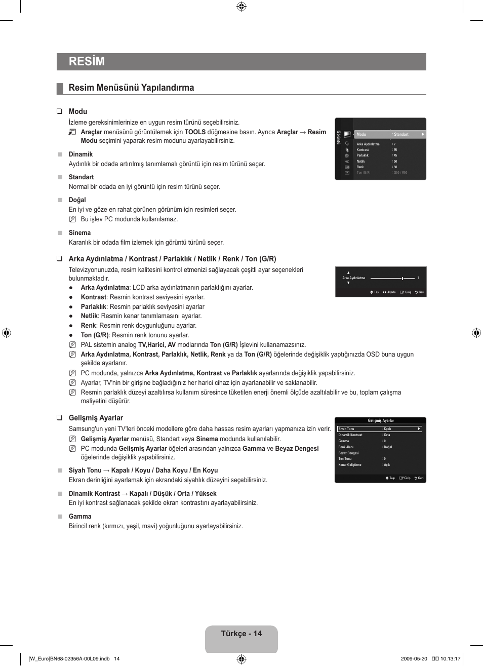 Resim, Resim menüsünü yapılandırma, Türkçe - 14 | Modu, Gelişmiş ayarlar | Samsung LE46B620R3W User Manual | Page 384 / 422