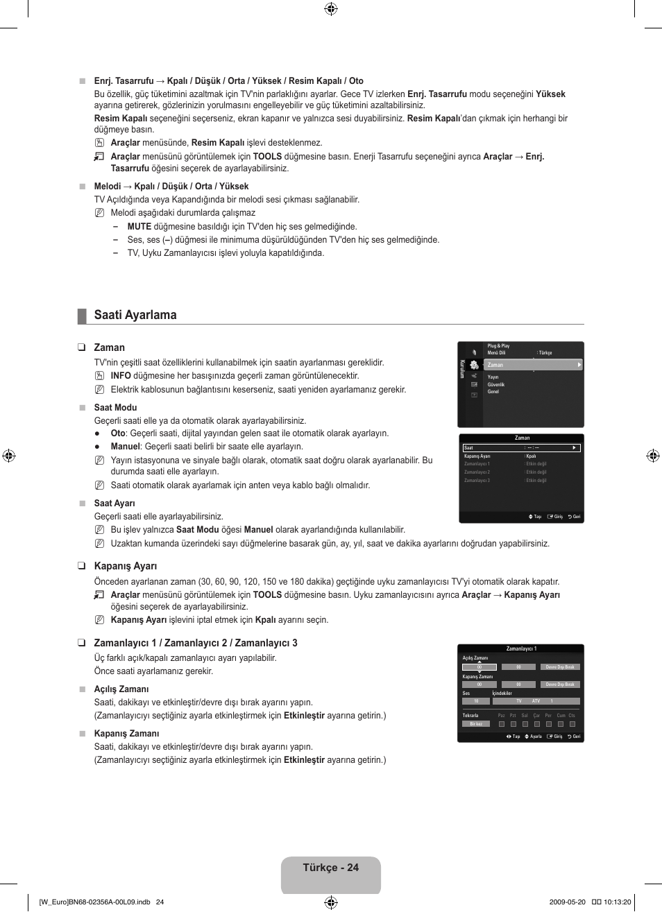 Saati ayarlama, Türkçe - 24, Zaman | Kapanış ayarı, Zamanlayıcı 1 / zamanlayıcı 2 / zamanlayıcı 3 | Samsung LE46B620R3W User Manual | Page 394 / 422