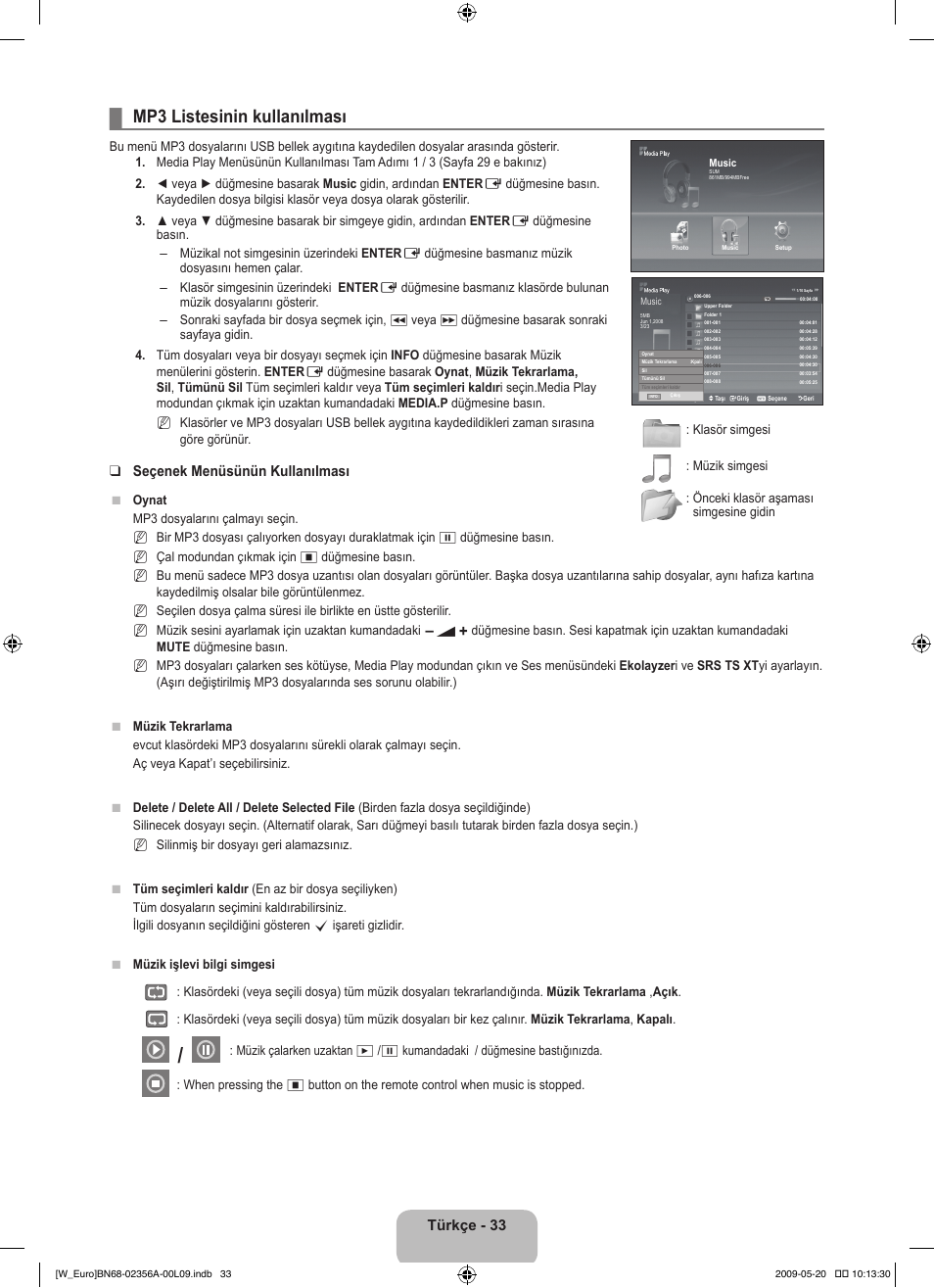 Mp3 listesinin kullanılması, Türkçe - 33, Seçenek menüsünün kullanılması | Samsung LE46B620R3W User Manual | Page 403 / 422