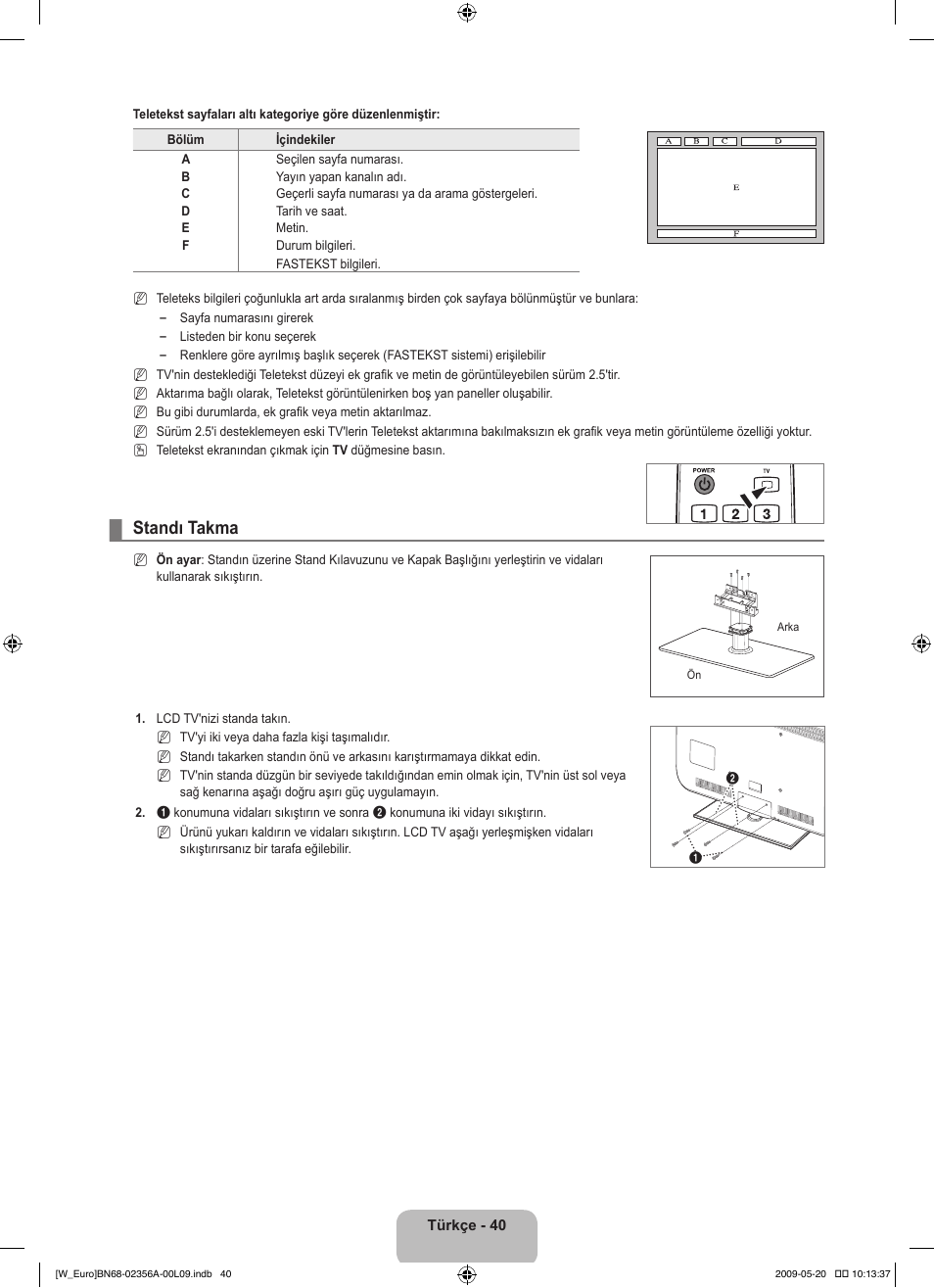 Standı takma | Samsung LE46B620R3W User Manual | Page 410 / 422
