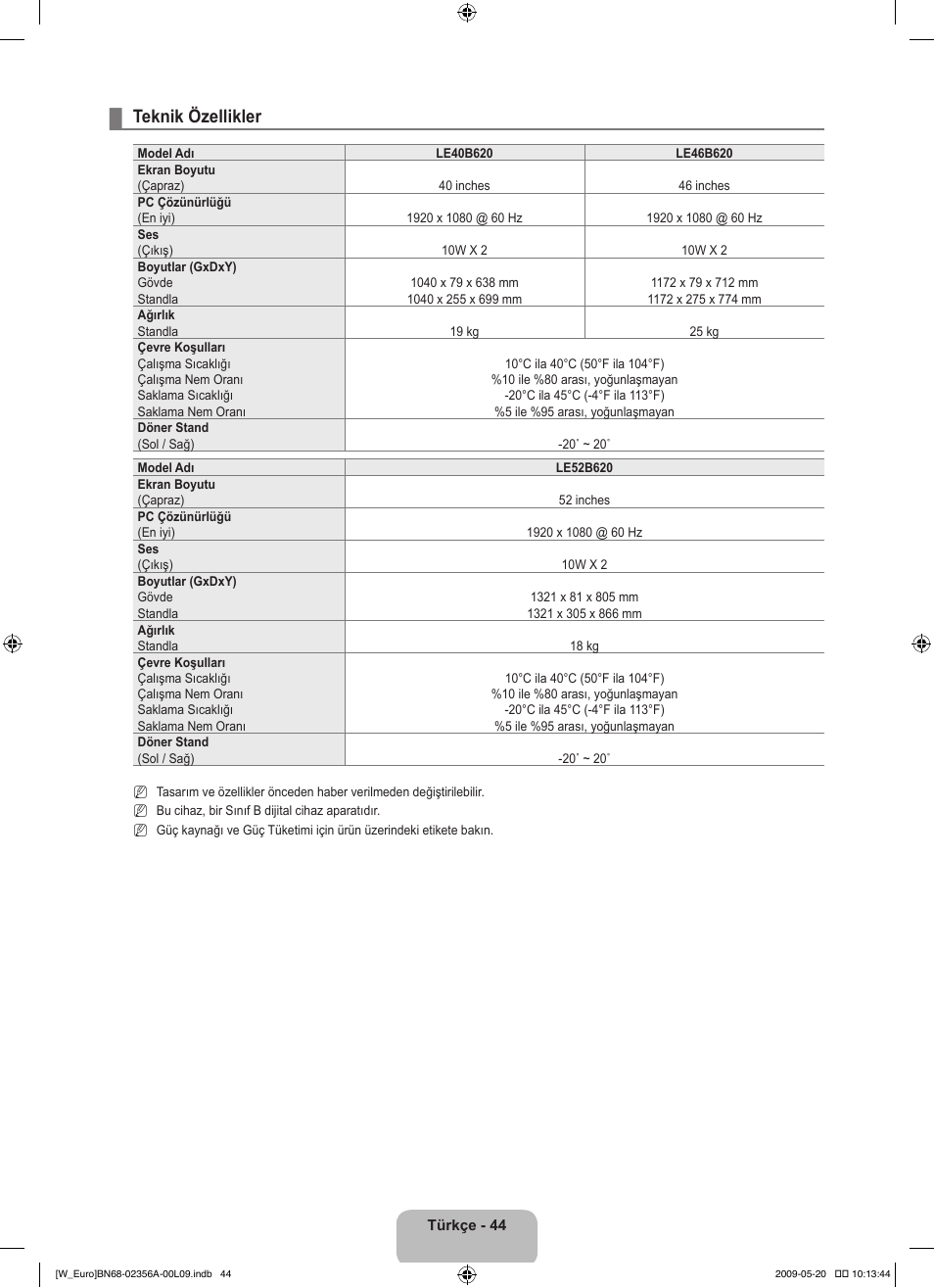 Teknik özellikler | Samsung LE46B620R3W User Manual | Page 414 / 422