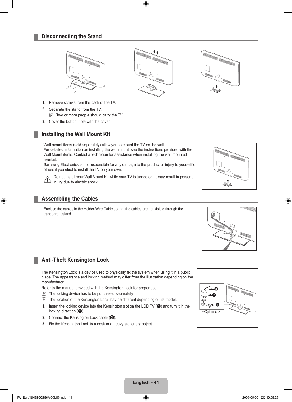 Disconnecting the stand, Installing the wall mount kit, Assembling the cables | Anti-theft kensington lock | Samsung LE46B620R3W User Manual | Page 43 / 422
