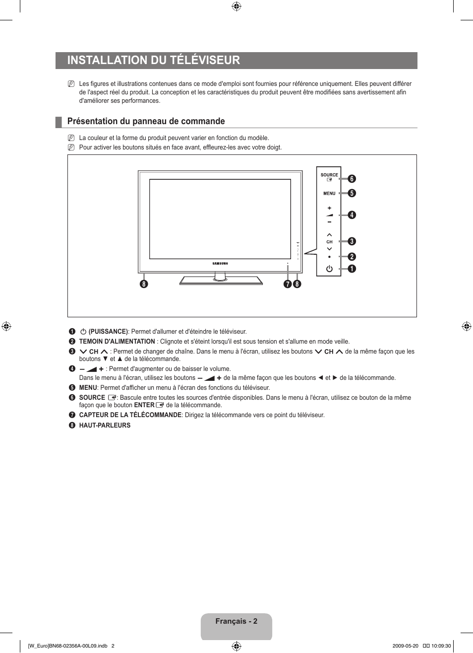 Installation du téléviseur, Présentation du panneau de commande | Samsung LE46B620R3W User Manual | Page 50 / 422