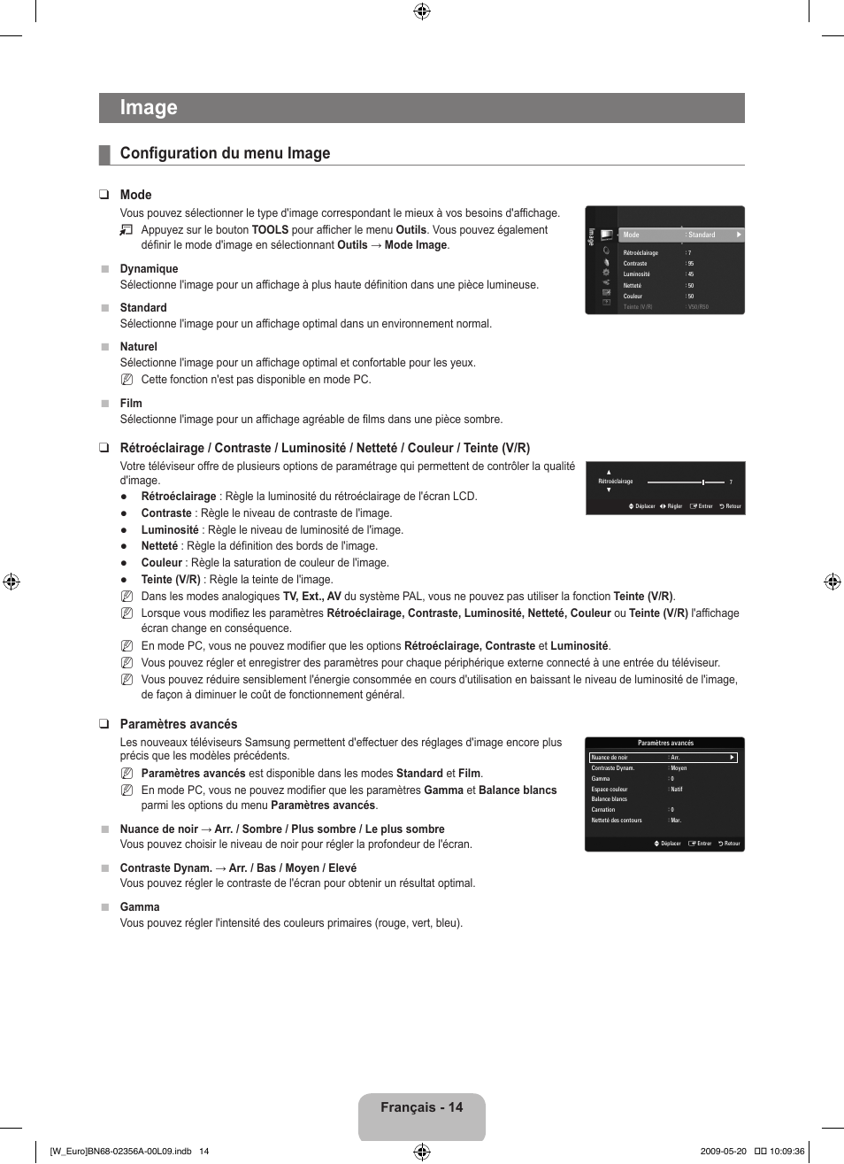 Image, Configuration du menu image, Français - 14 | Mode, Paramètres avancés | Samsung LE46B620R3W User Manual | Page 62 / 422