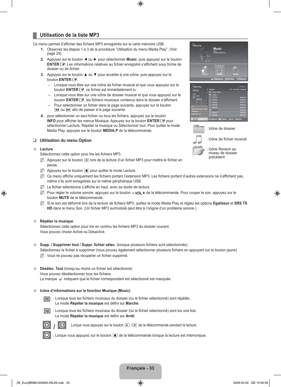 Utilisation de la liste mp3, Français - 33, Utilisation du menu option | Samsung LE46B620R3W User Manual | Page 81 / 422