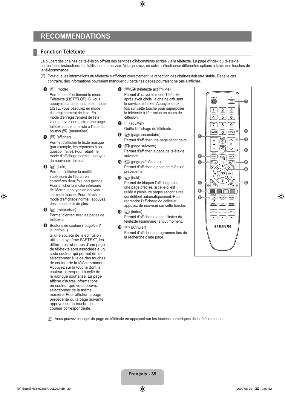 Recommendations, Fonction télétexte | Samsung LE46B620R3W User Manual | Page 87 / 422