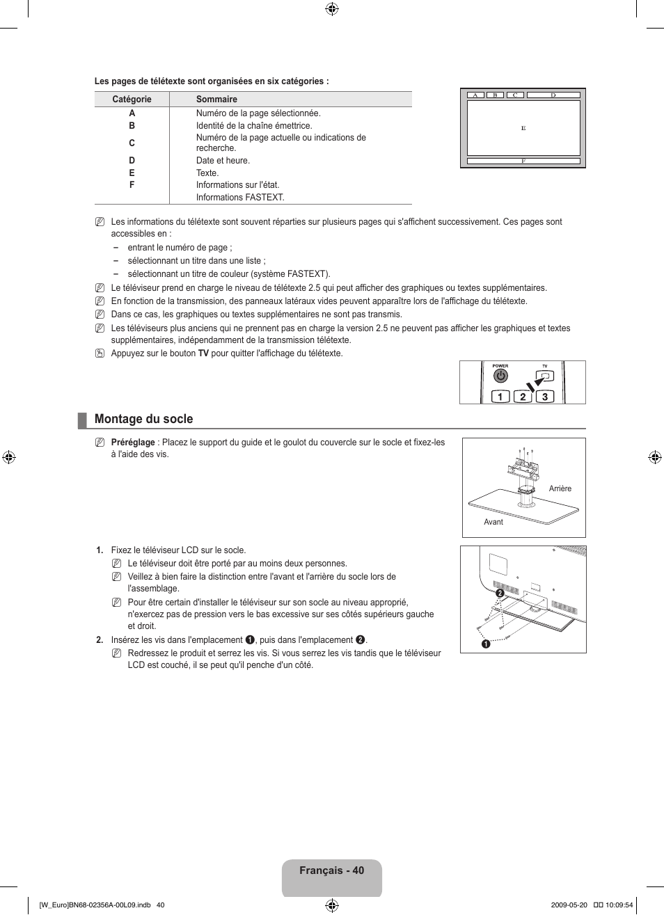 Montage du socle | Samsung LE46B620R3W User Manual | Page 88 / 422