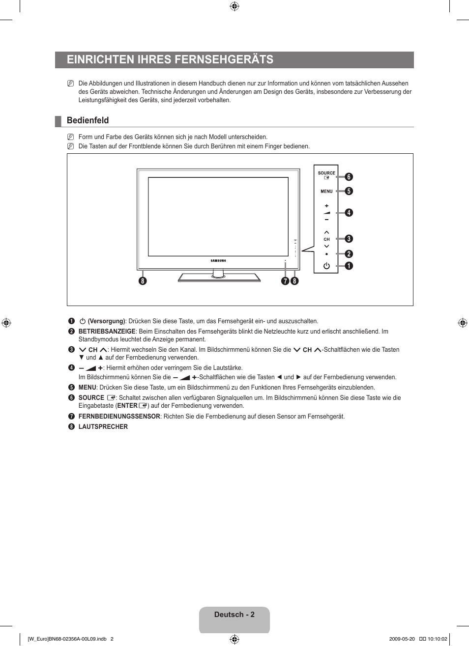 Einrichten ihres fernsehgeräts, Bedienfeld | Samsung LE46B620R3W User Manual | Page 96 / 422