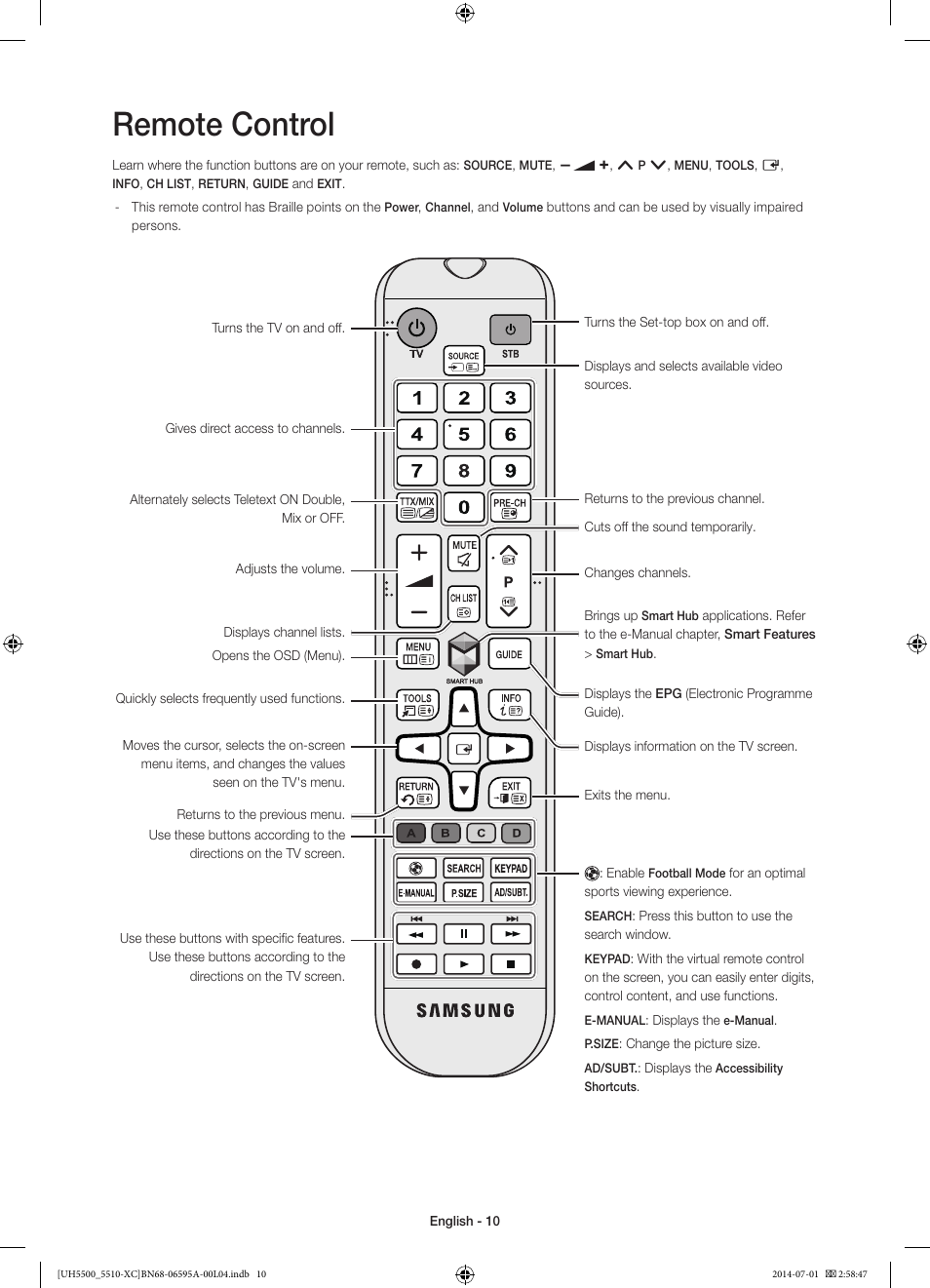 Remote control | Samsung UE32H5570SS User Manual | Page 10 / 81