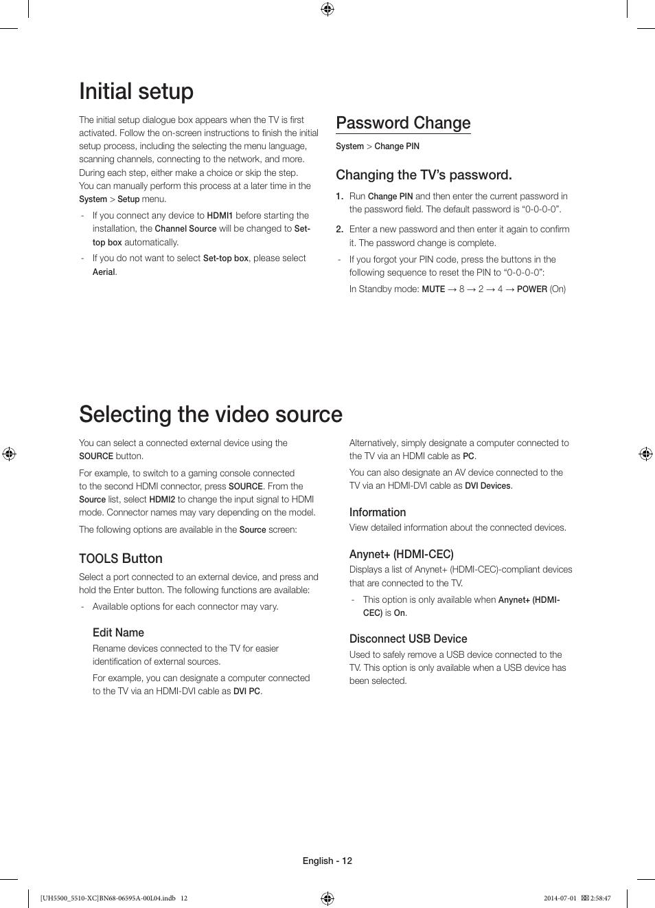 Initial setup, Selecting the video source, Password change | Changing the tv’s password, Button, Tools | Samsung UE32H5570SS User Manual | Page 12 / 81