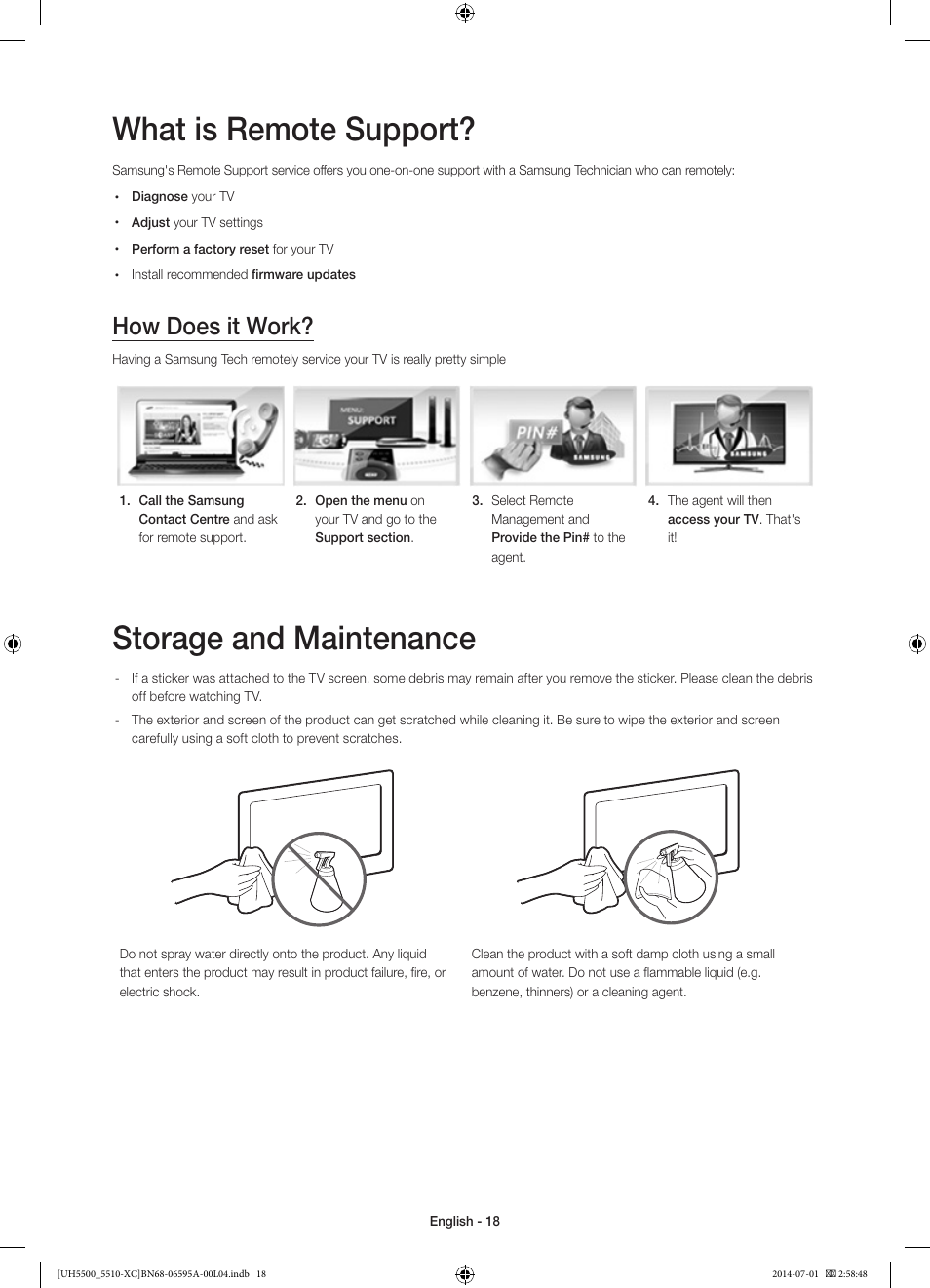10 specifications and other information, What is remote support, Storage and maintenance | How does it work | Samsung UE32H5570SS User Manual | Page 18 / 81